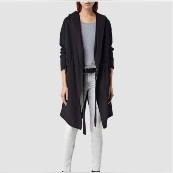 ALL SAINTS Pelya Black Draped Wrap Hoodie Long Sleeves Trench Coat Jacket Sz 4 - Picture 3 of 16